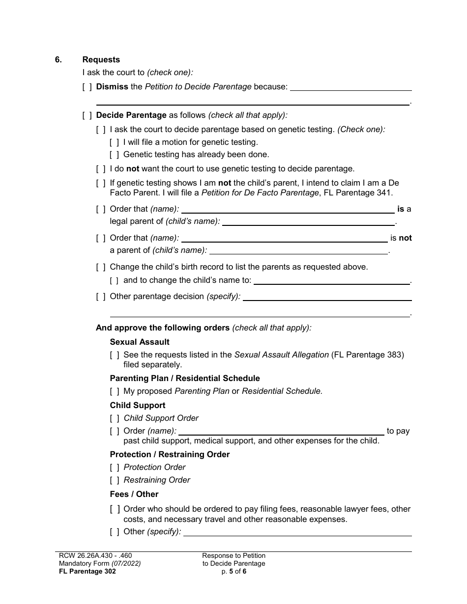 Form FL Parentage302 Response to Petition to Decide Parentage - Washington, Page 5