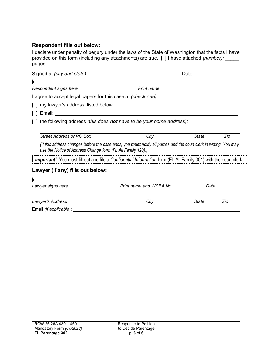 Form FL Parentage302 Response to Petition to Decide Parentage - Washington, Page 6