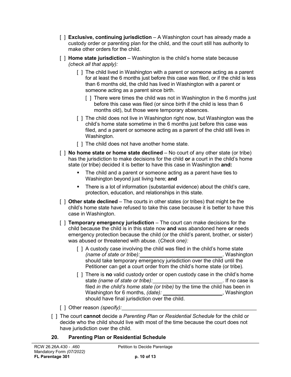 Form FL Parentage301 Petition to Decide Parentage - Washington, Page 10