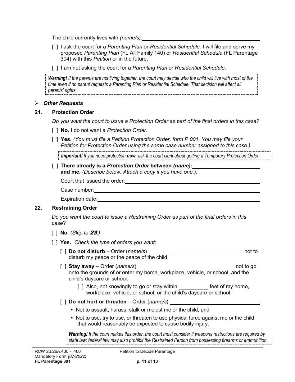 Form FL Parentage301 Petition to Decide Parentage - Washington, Page 11