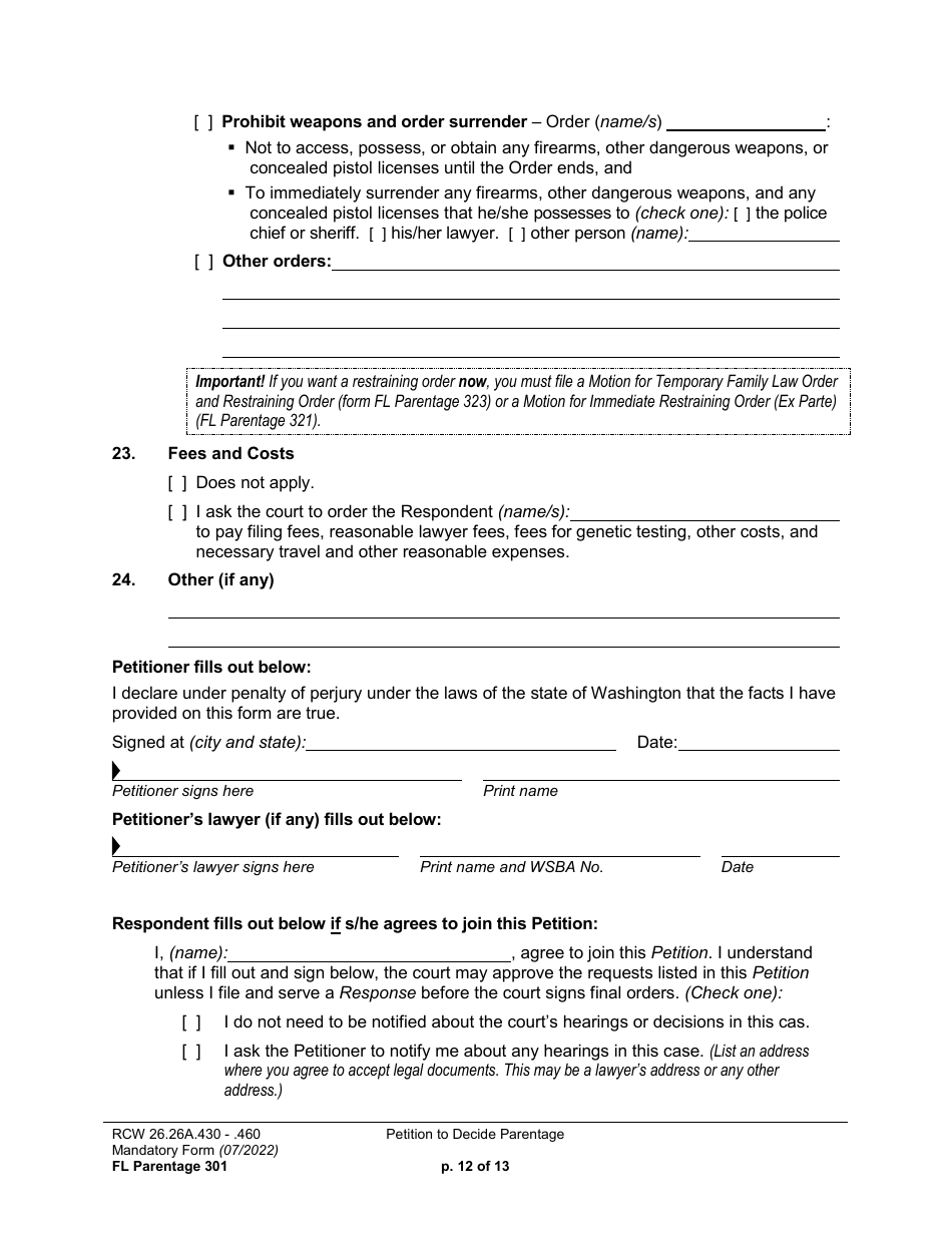 Form FL Parentage301 Petition to Decide Parentage - Washington, Page 12