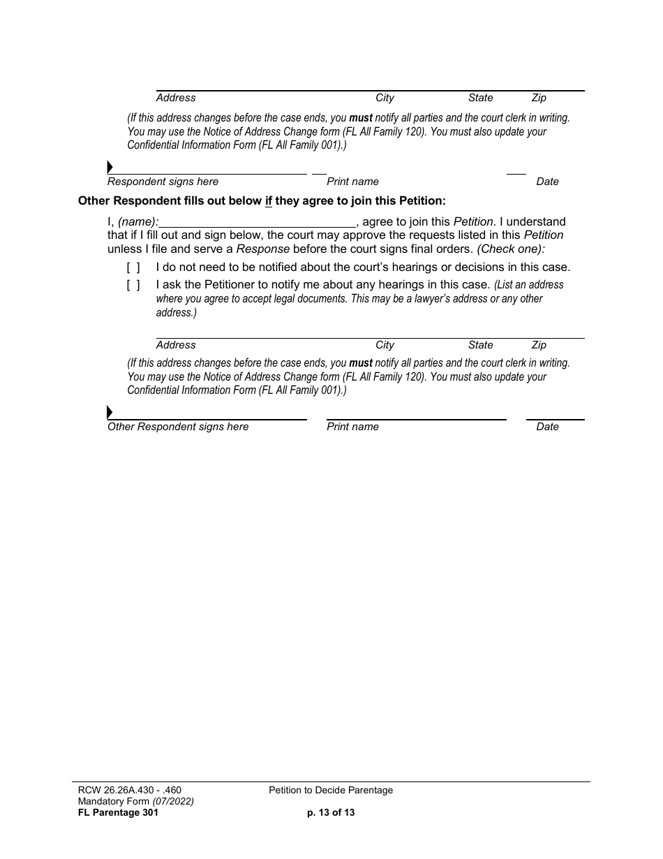 Form FL Parentage301 Petition to Decide Parentage - Washington, Page 13