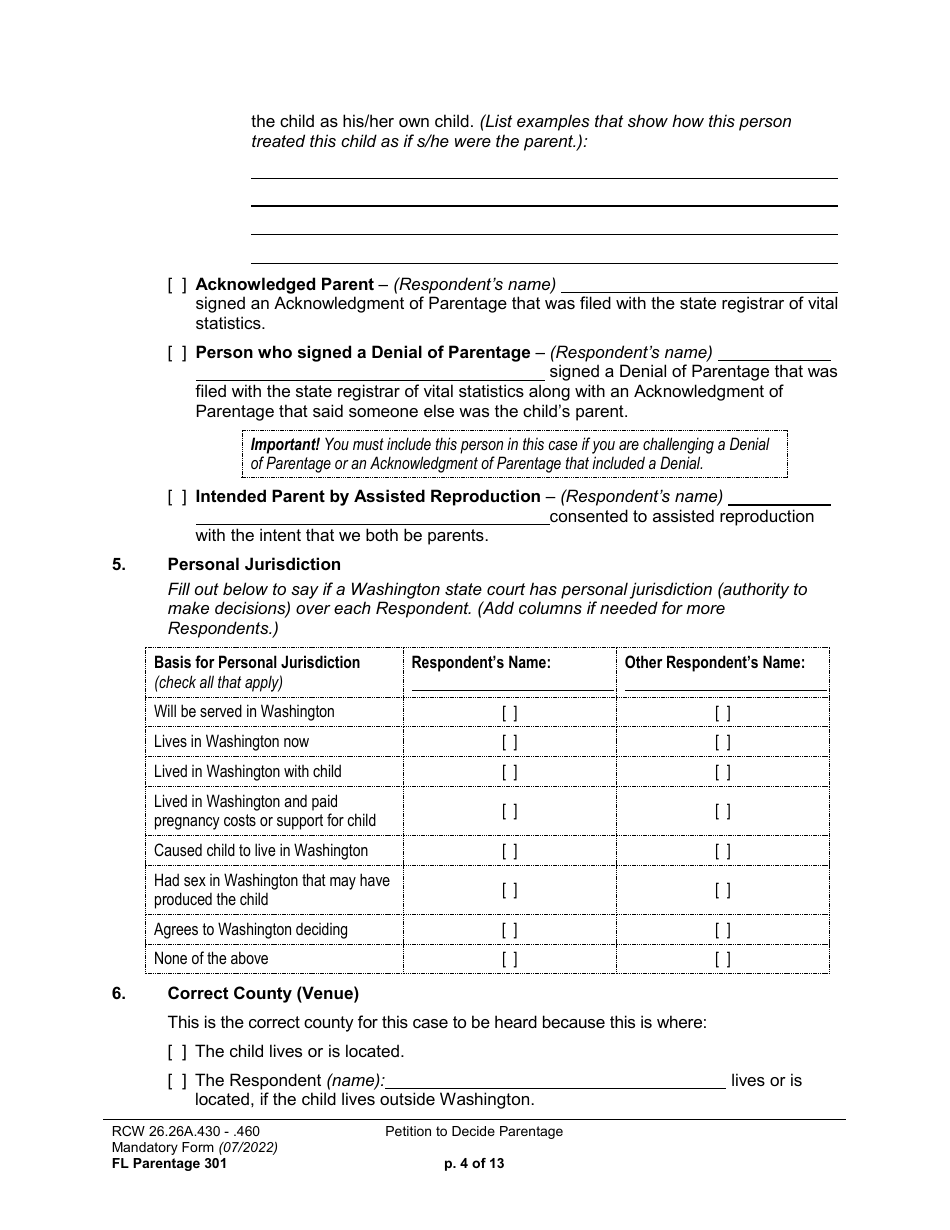 Form FL Parentage301 Petition to Decide Parentage - Washington, Page 4