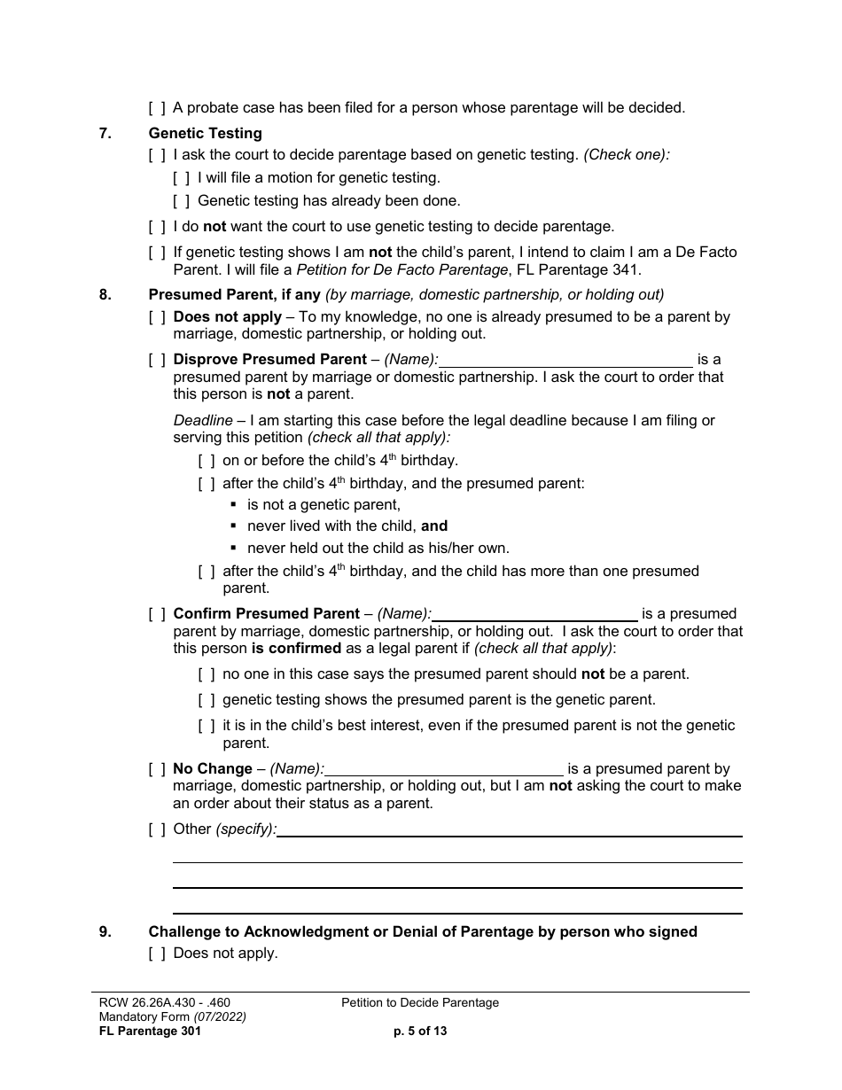 Form FL Parentage301 Petition to Decide Parentage - Washington, Page 5