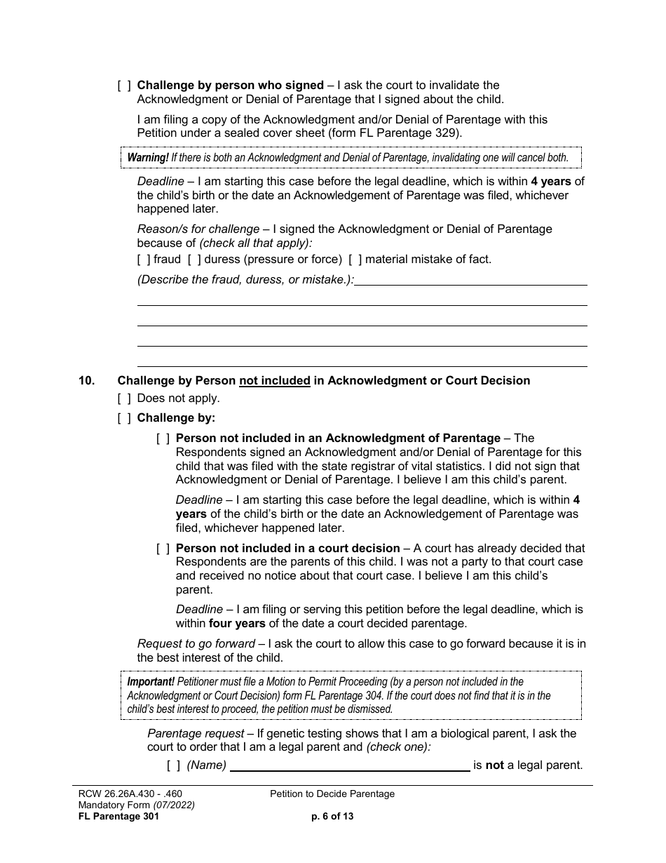 Form FL Parentage301 Petition to Decide Parentage - Washington, Page 6
