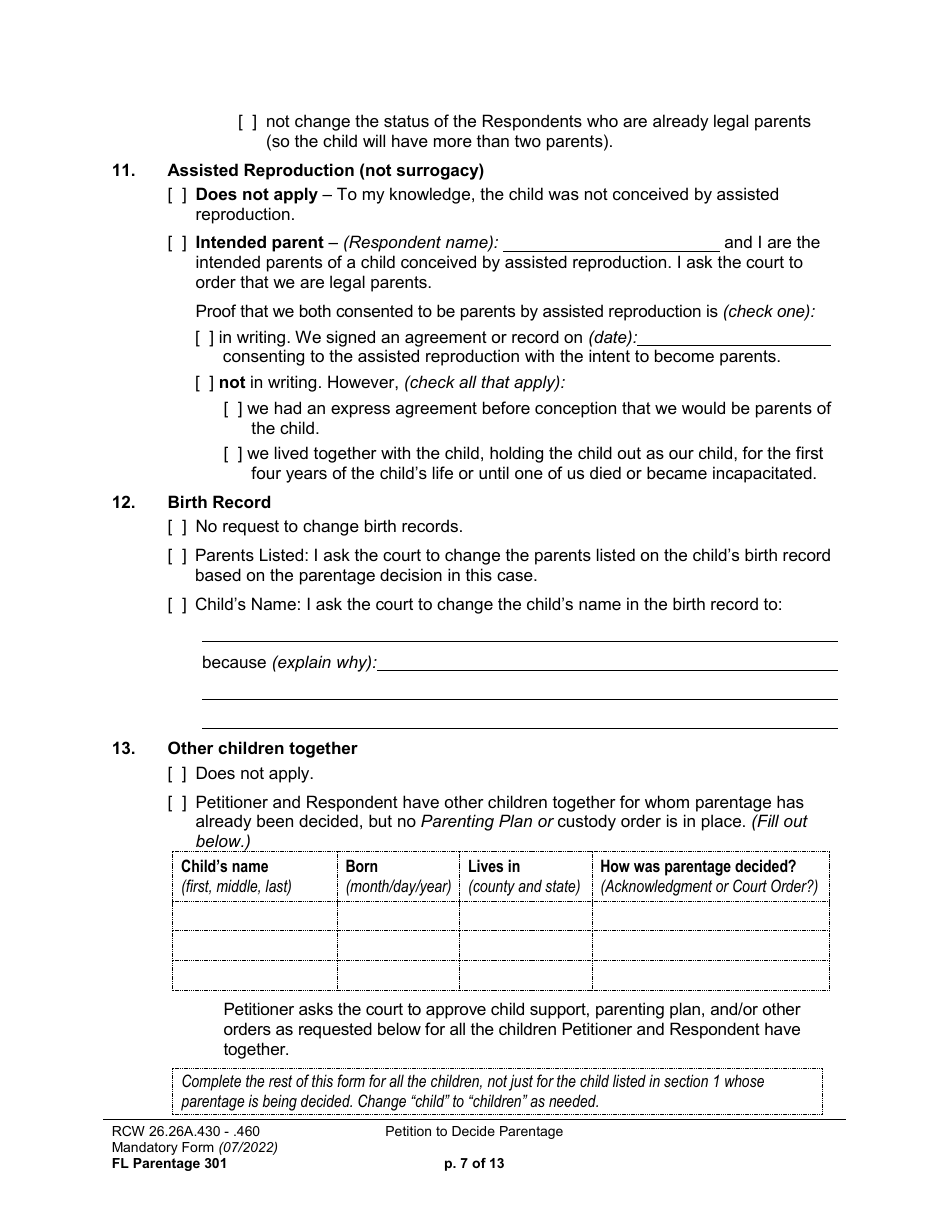 Form FL Parentage301 Petition to Decide Parentage - Washington, Page 7