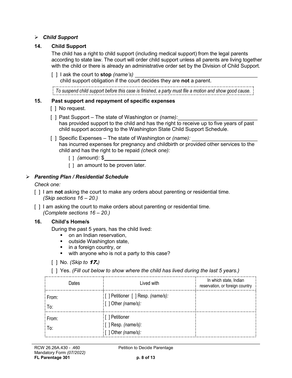 Form FL Parentage301 Petition to Decide Parentage - Washington, Page 8
