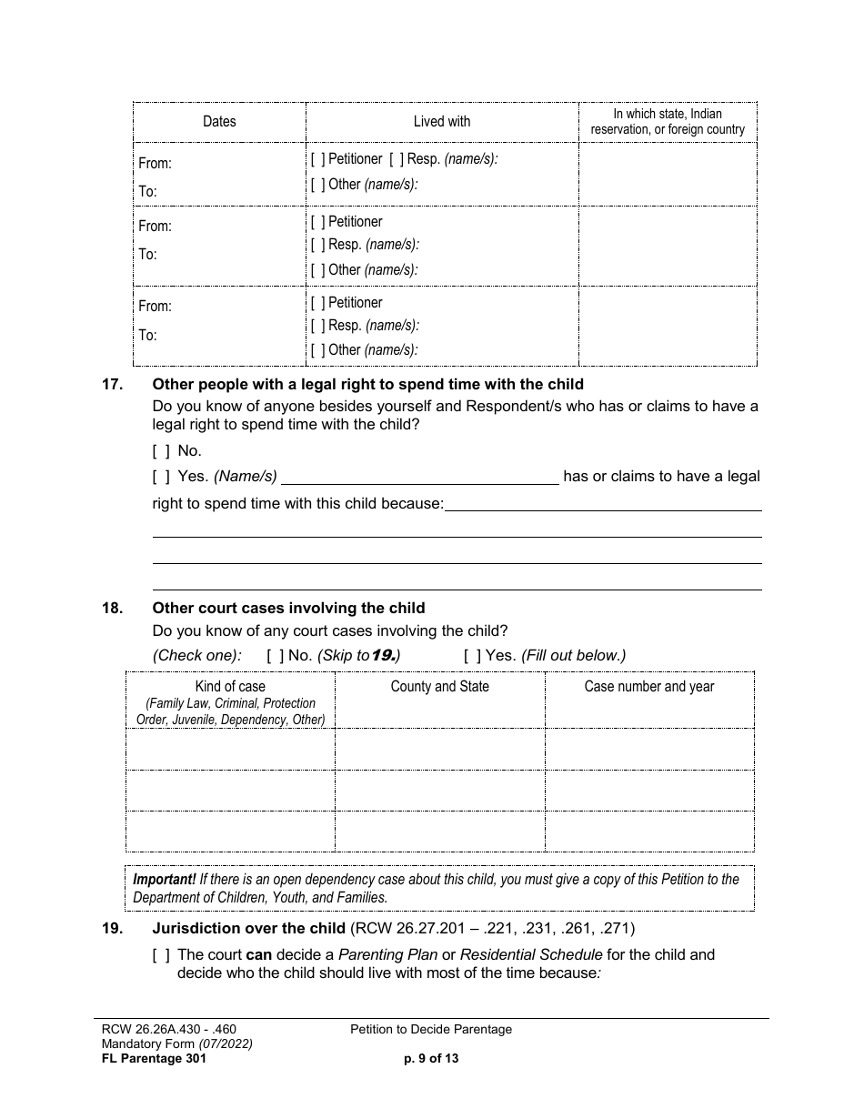 Form FL Parentage301 Petition to Decide Parentage - Washington, Page 9