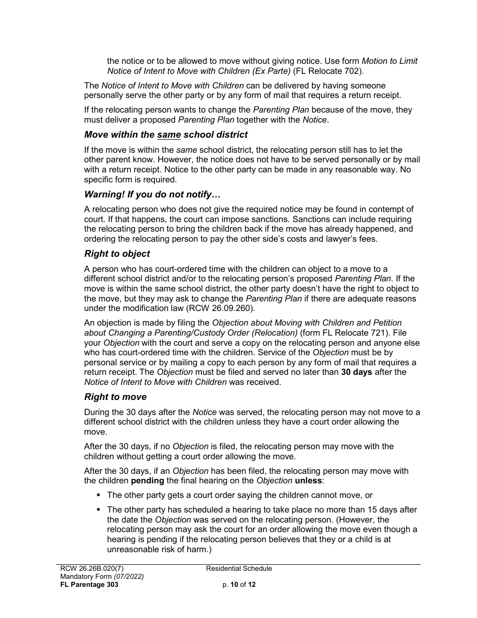 Form FL Parentage303 Residential Schedule - Washington, Page 10