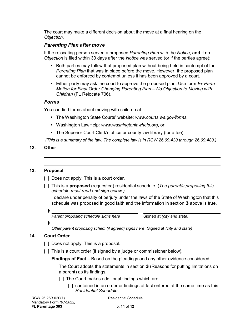 Form FL Parentage303 Residential Schedule - Washington, Page 11