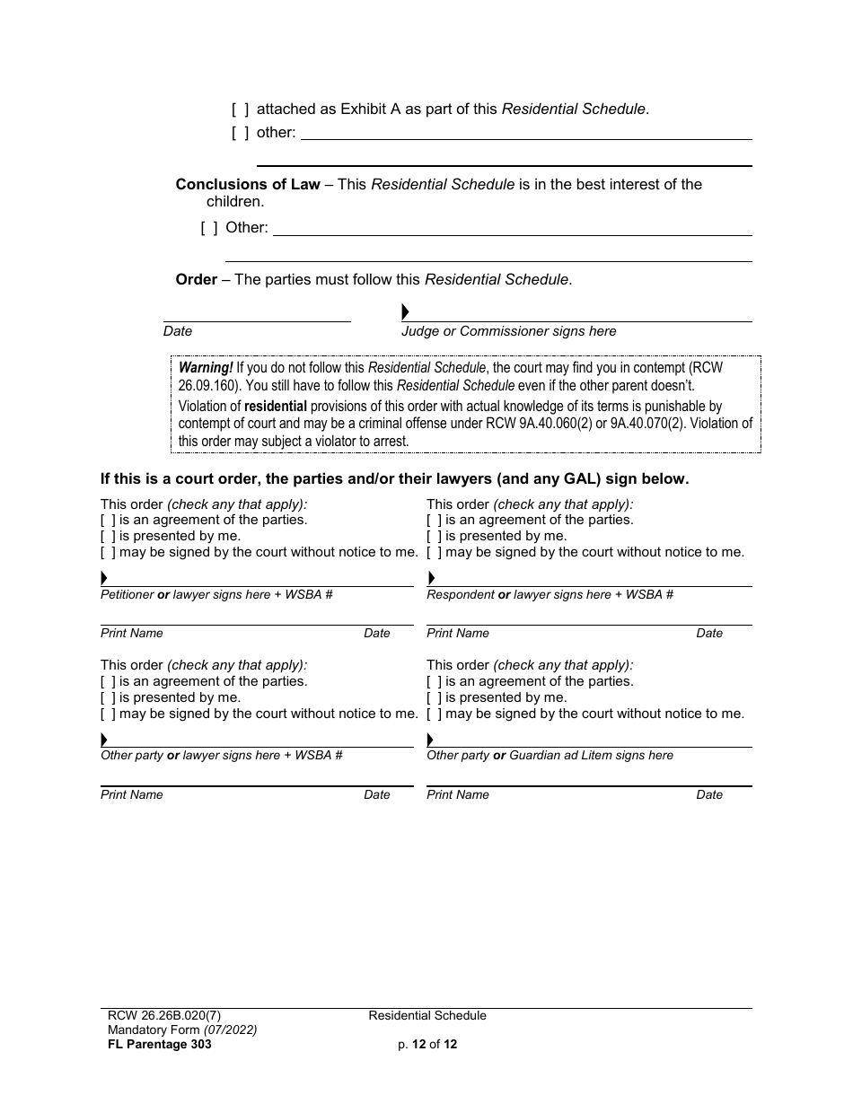 Form FL Parentage303 Residential Schedule - Washington, Page 12