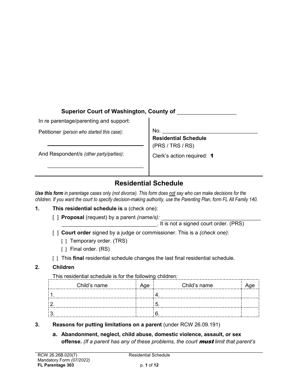 Form FL Parentage303 Residential Schedule - Washington, Page 1
