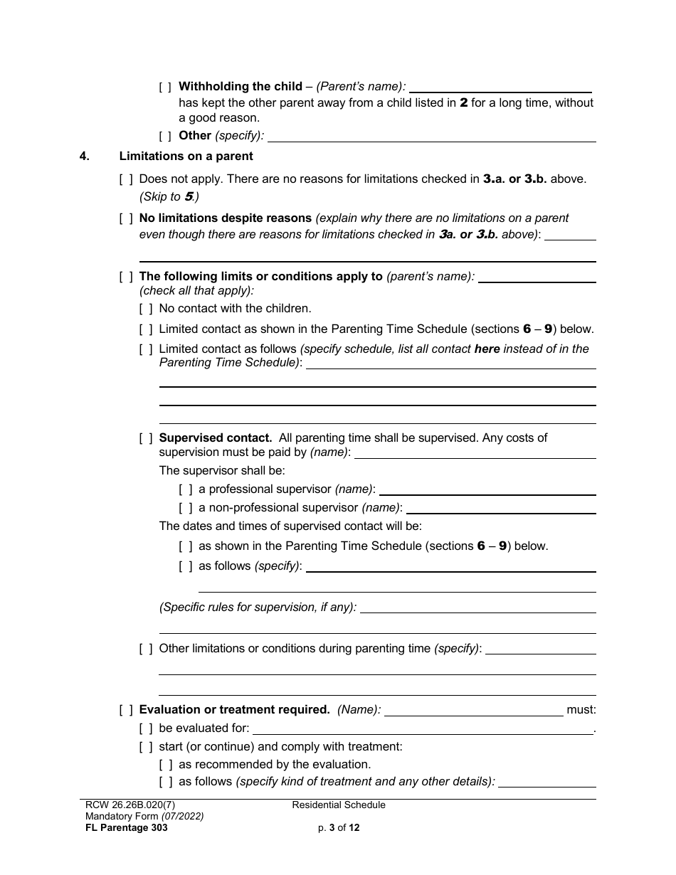 Form FL Parentage303 Residential Schedule - Washington, Page 3