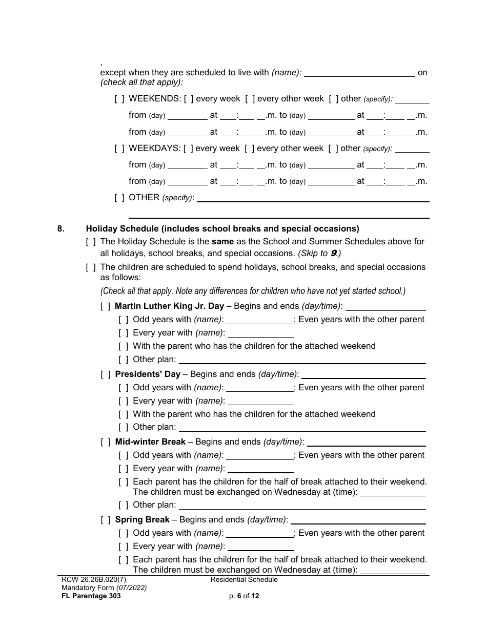 Form FL Parentage303 Residential Schedule - Washington, Page 6