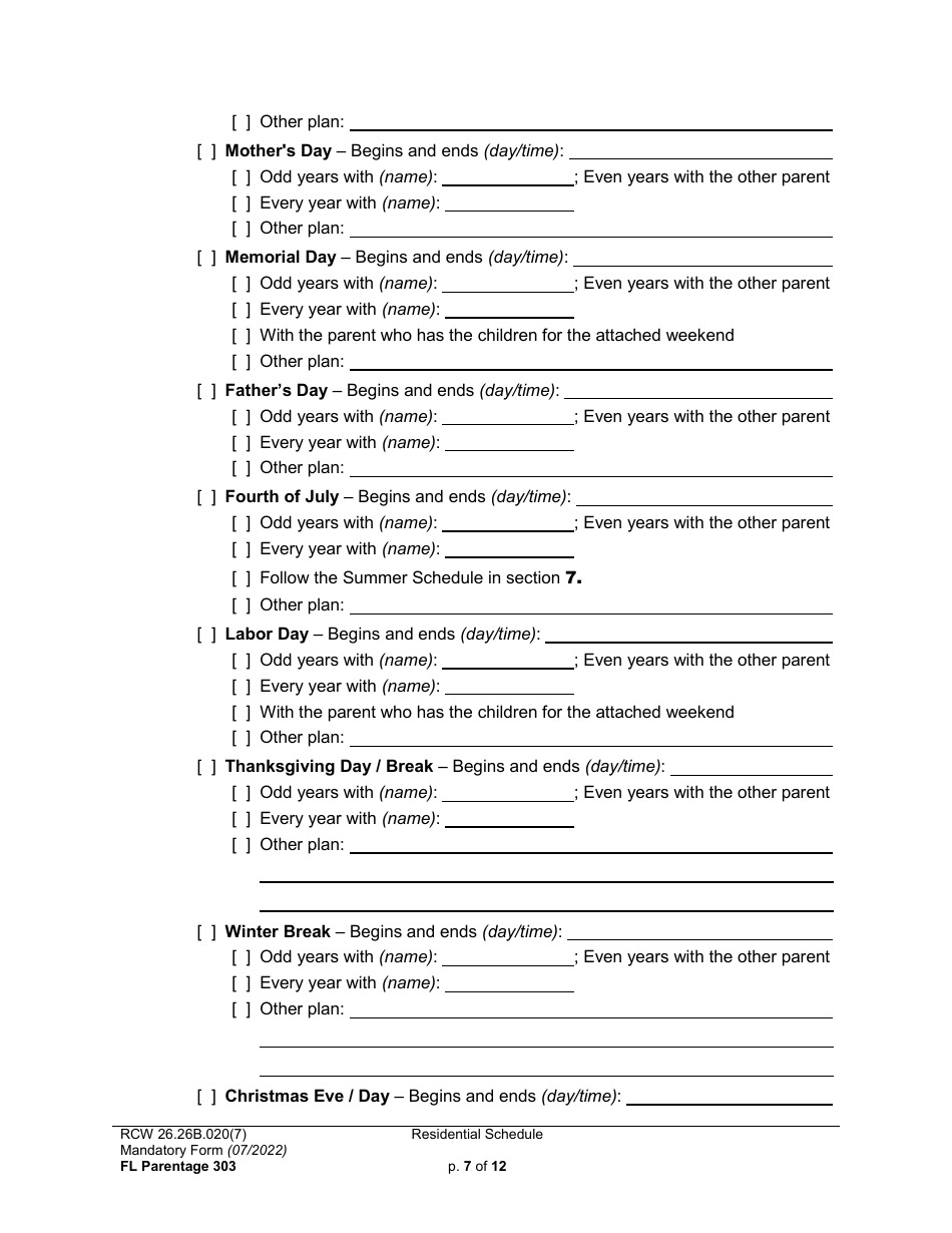 Form FL Parentage303 Residential Schedule - Washington, Page 7