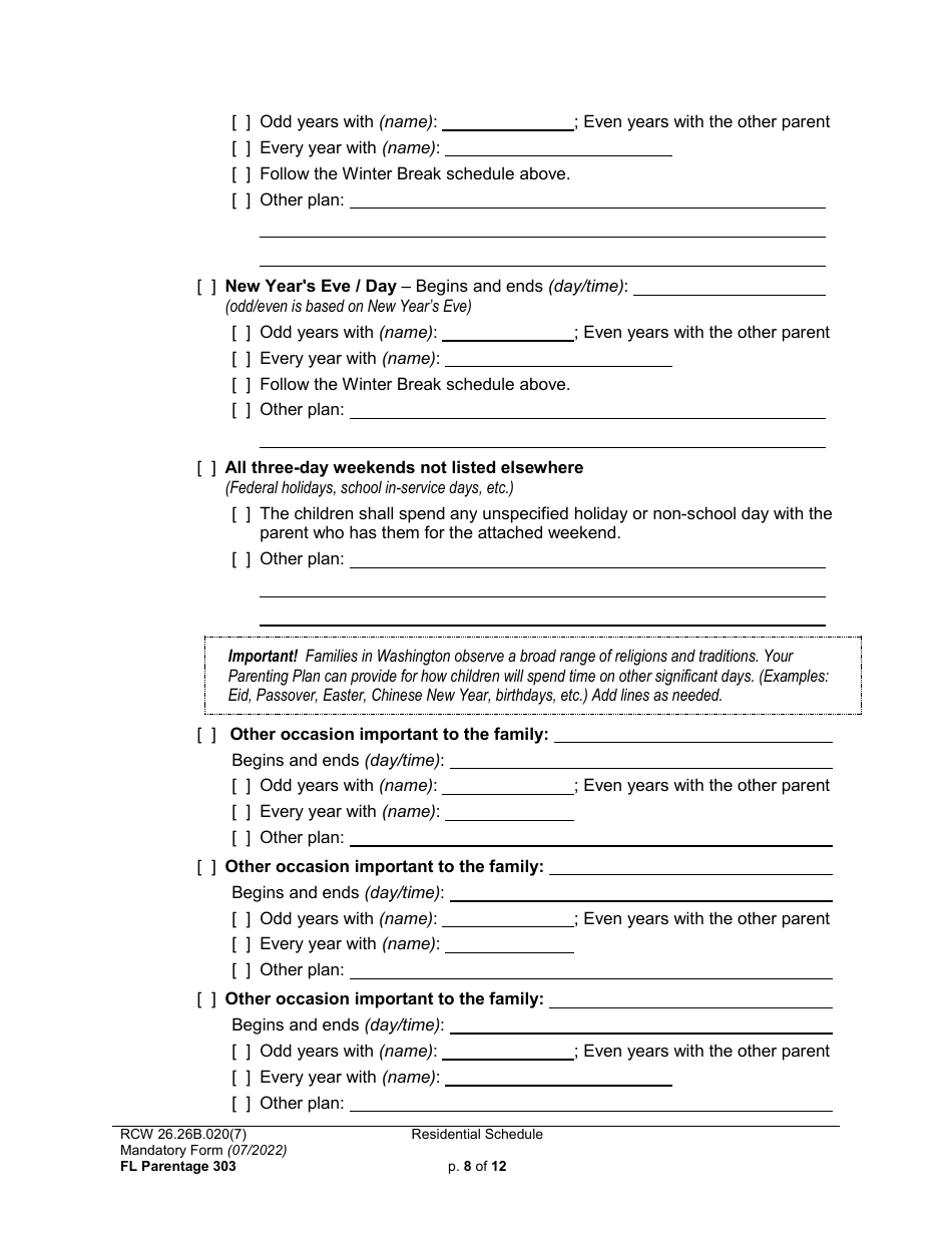 Form FL Parentage303 Residential Schedule - Washington, Page 8