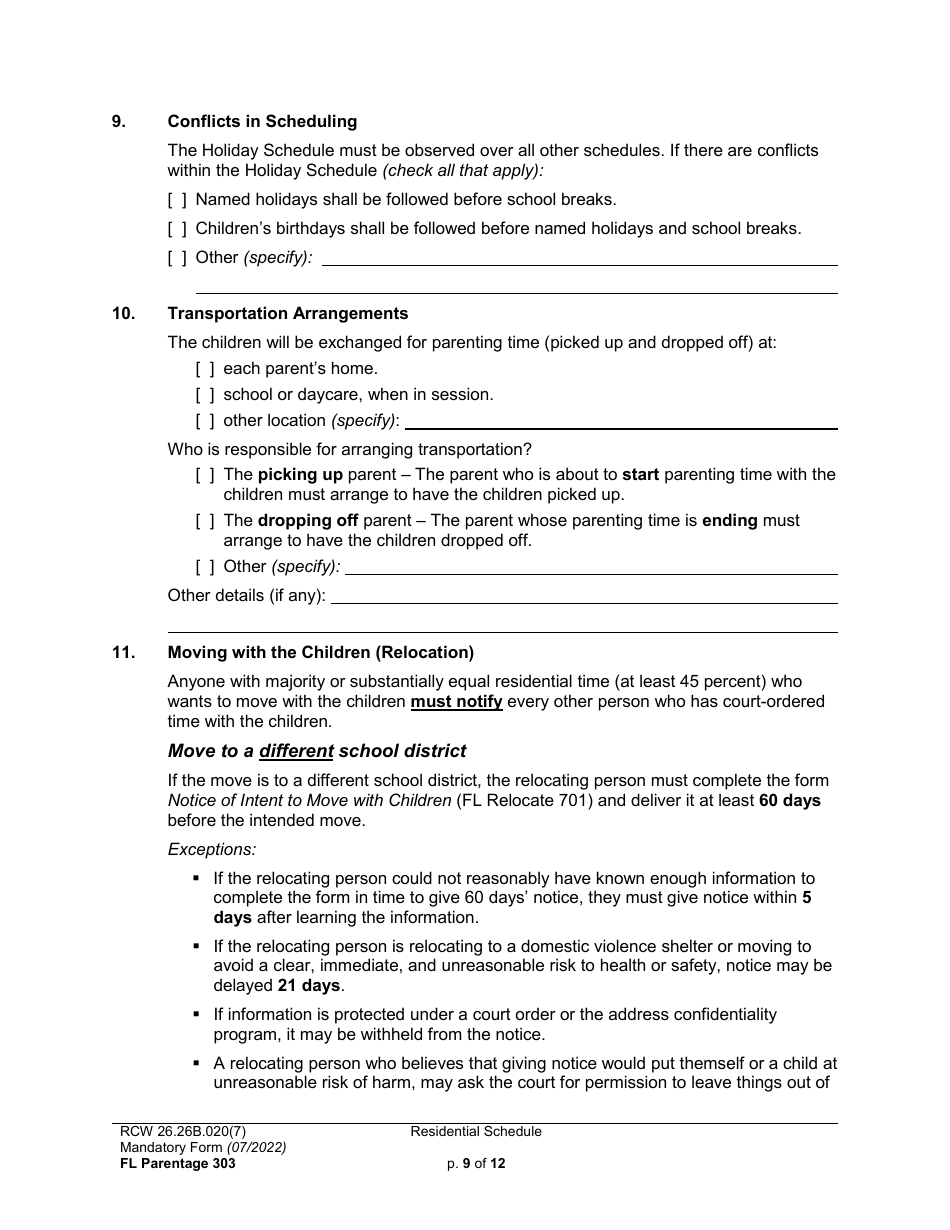 Form FL Parentage303 Residential Schedule - Washington, Page 9