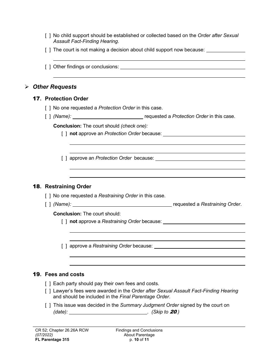 Form FL Parentage315 Findings and Conclusions About Parentage - Washington, Page 10