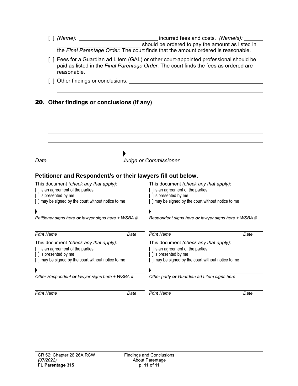 Form FL Parentage315 Findings and Conclusions About Parentage - Washington, Page 11