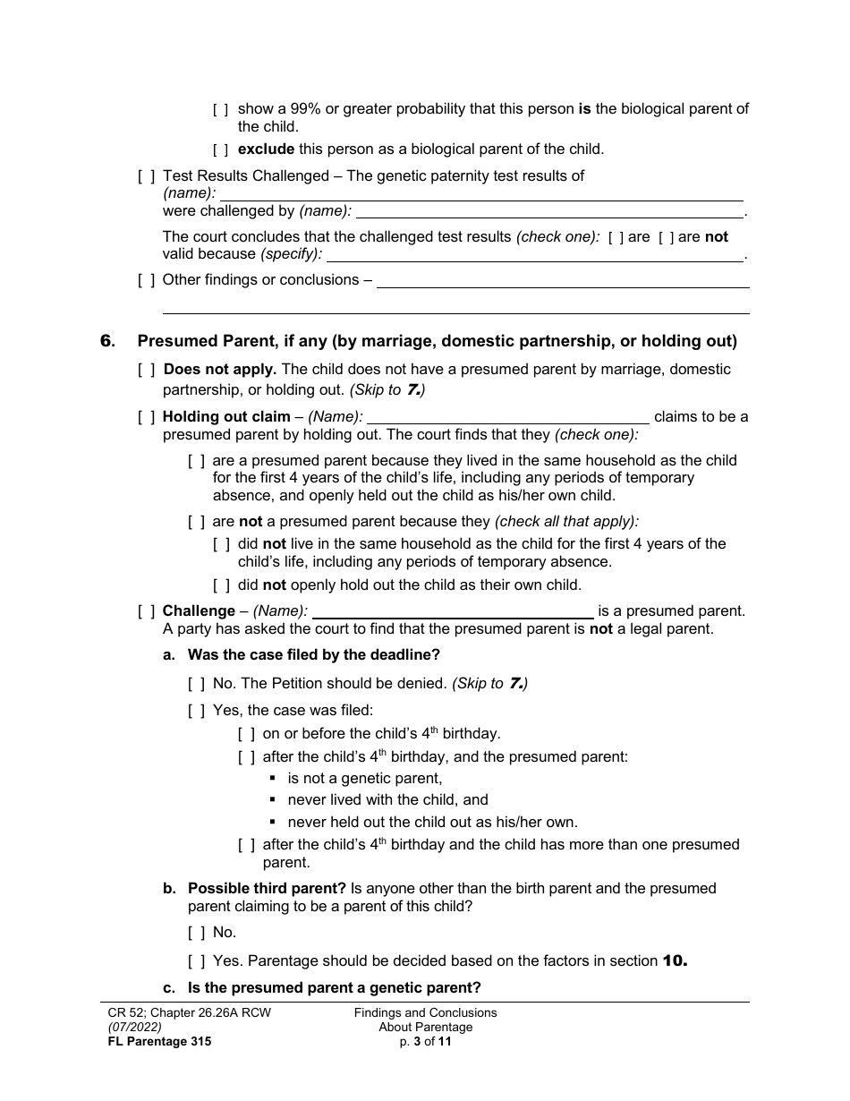 Form FL Parentage315 Findings and Conclusions About Parentage - Washington, Page 3