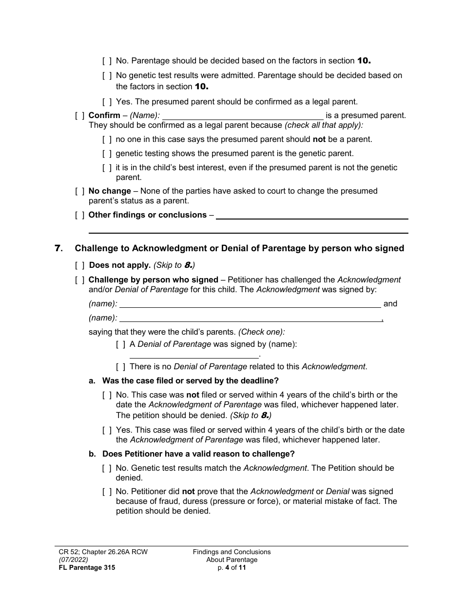 Form FL Parentage315 Findings and Conclusions About Parentage - Washington, Page 4