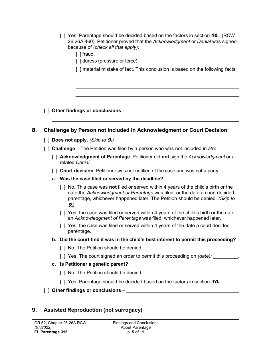 Form FL Parentage315 Findings and Conclusions About Parentage - Washington, Page 5