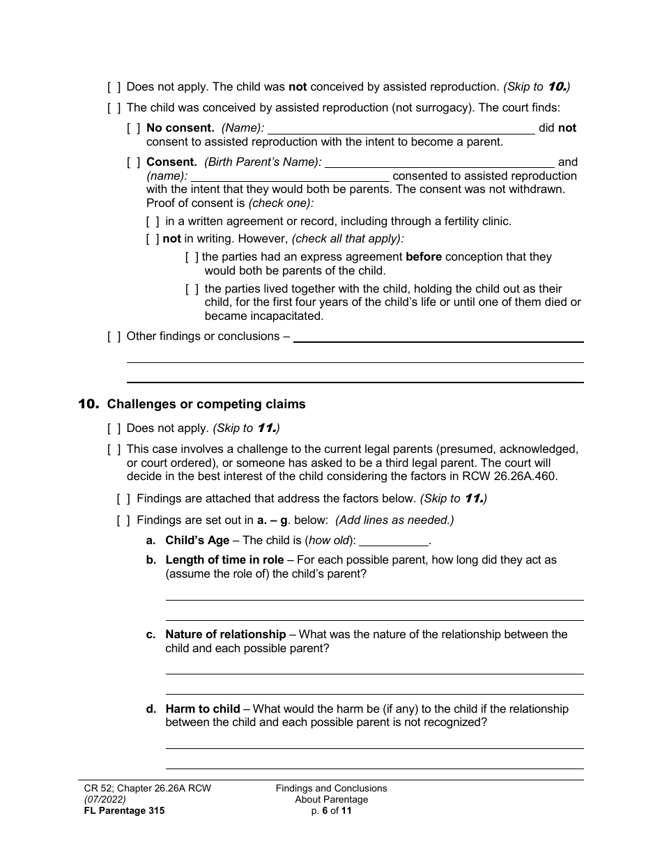 Form FL Parentage315 Findings and Conclusions About Parentage - Washington, Page 6