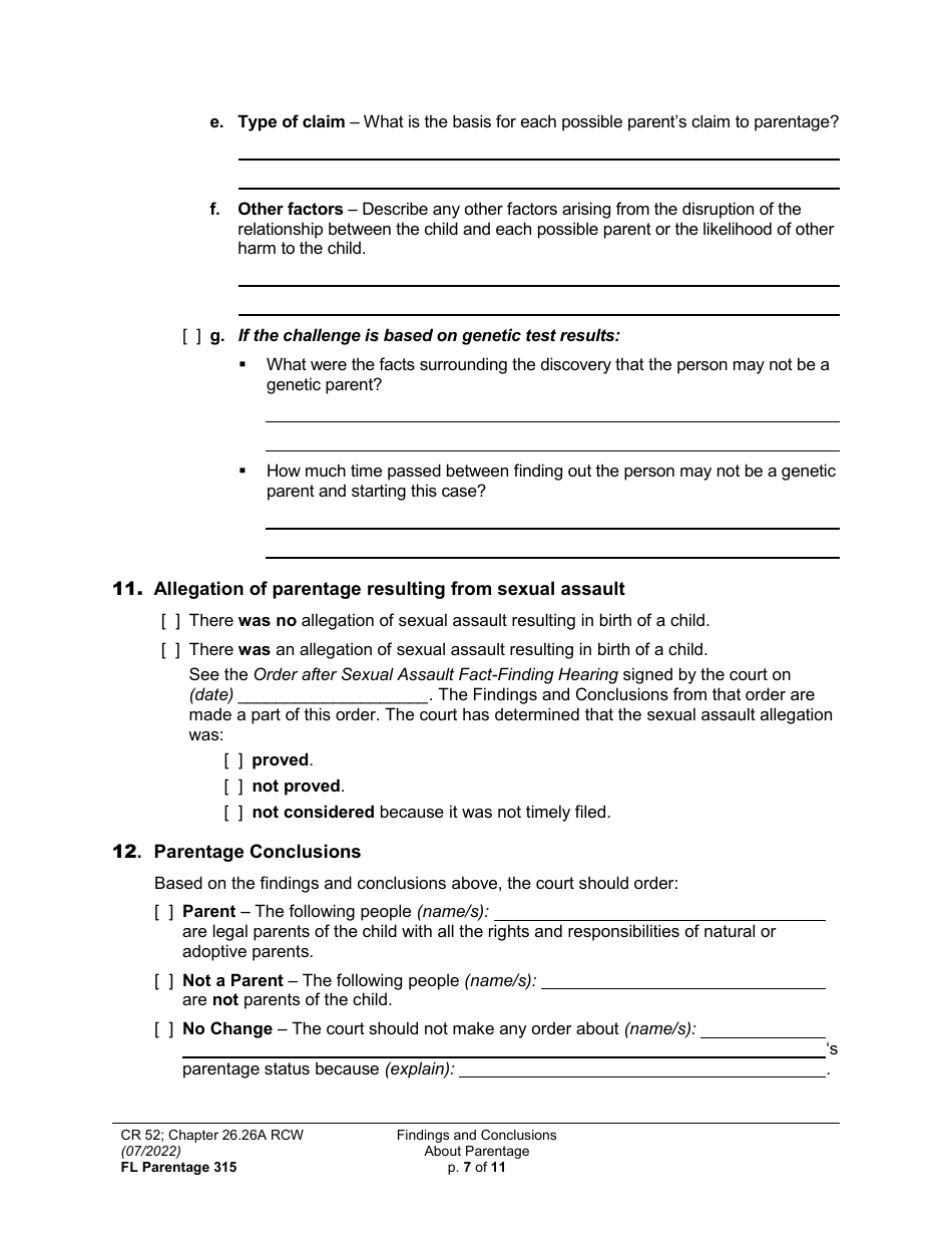 Form FL Parentage315 Findings and Conclusions About Parentage - Washington, Page 7