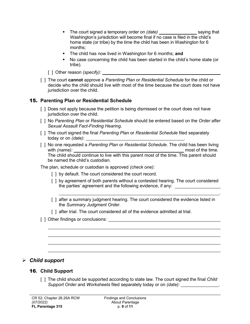 Form FL Parentage315 Findings and Conclusions About Parentage - Washington, Page 9