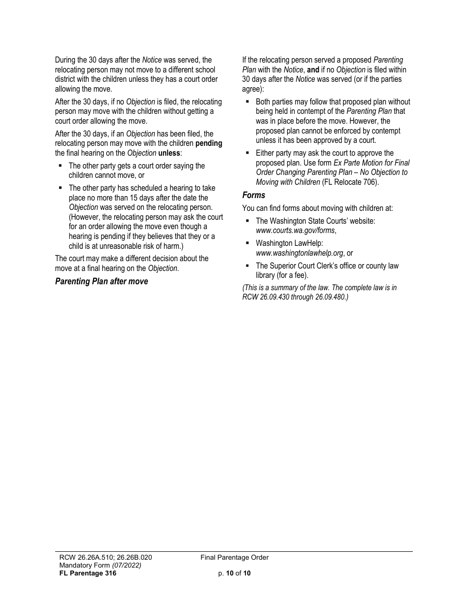 Form FL Parentage316 Final Parentage Order - Washington, Page 10