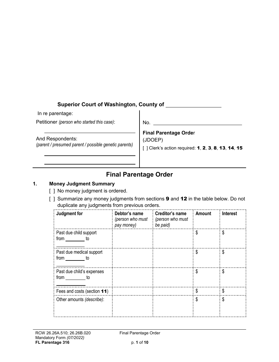 Form FL Parentage316 Final Parentage Order - Washington, Page 1