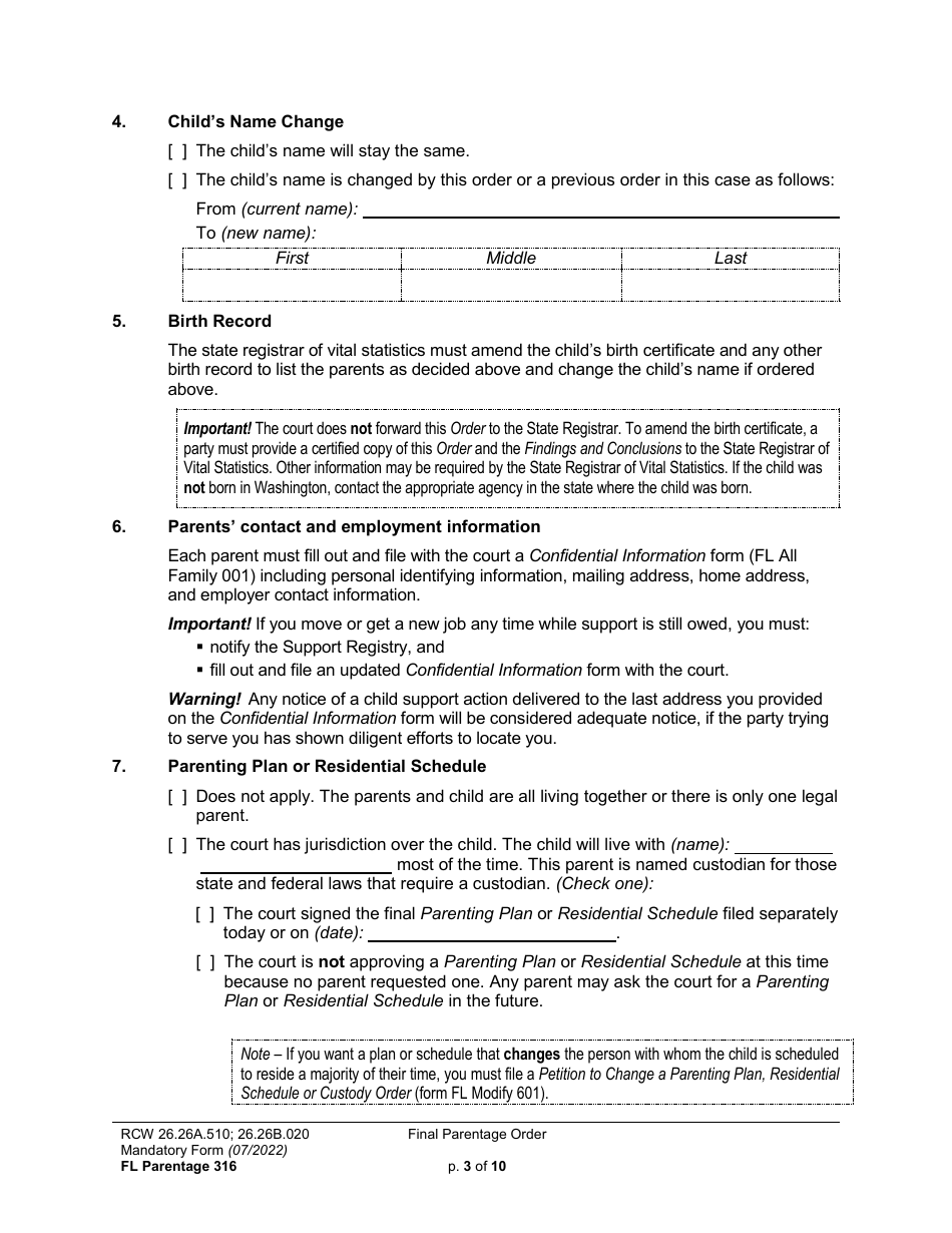 Form FL Parentage316 Final Parentage Order - Washington, Page 3