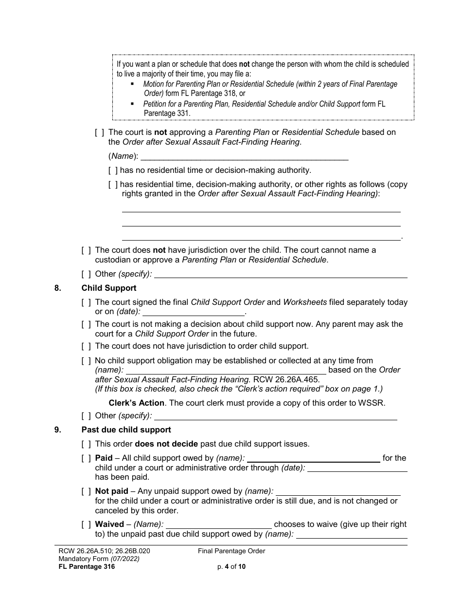 Form FL Parentage316 Final Parentage Order - Washington, Page 4