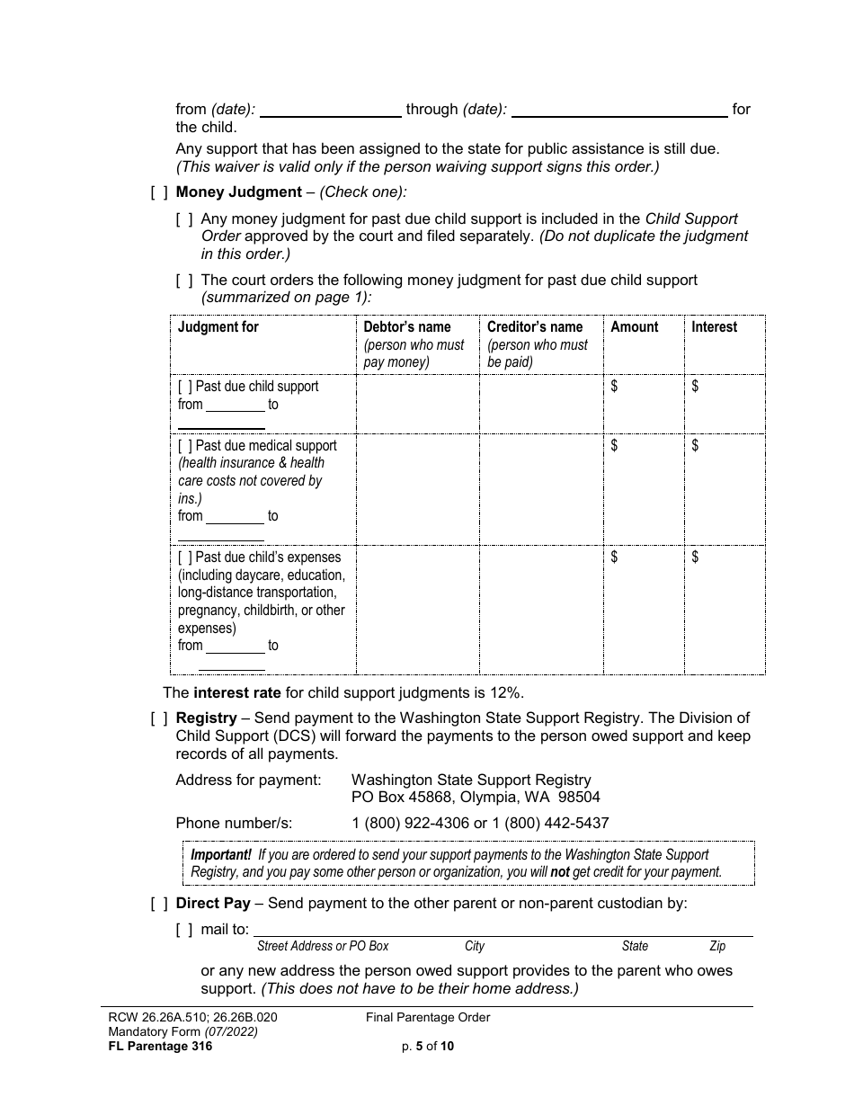 Form FL Parentage316 Final Parentage Order - Washington, Page 5