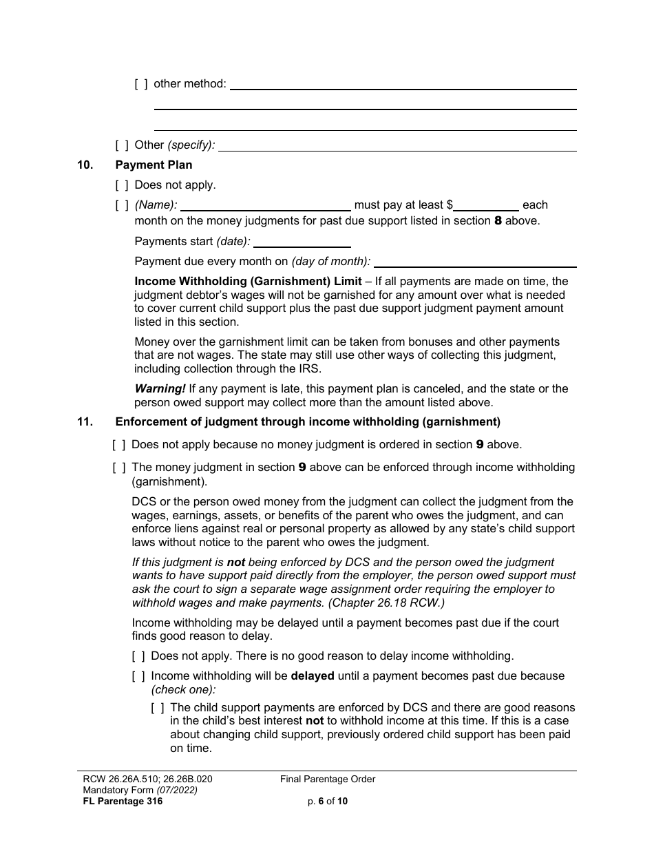 Form FL Parentage316 Final Parentage Order - Washington, Page 6