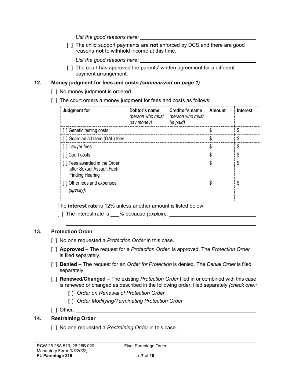 Form FL Parentage316 Final Parentage Order - Washington, Page 7