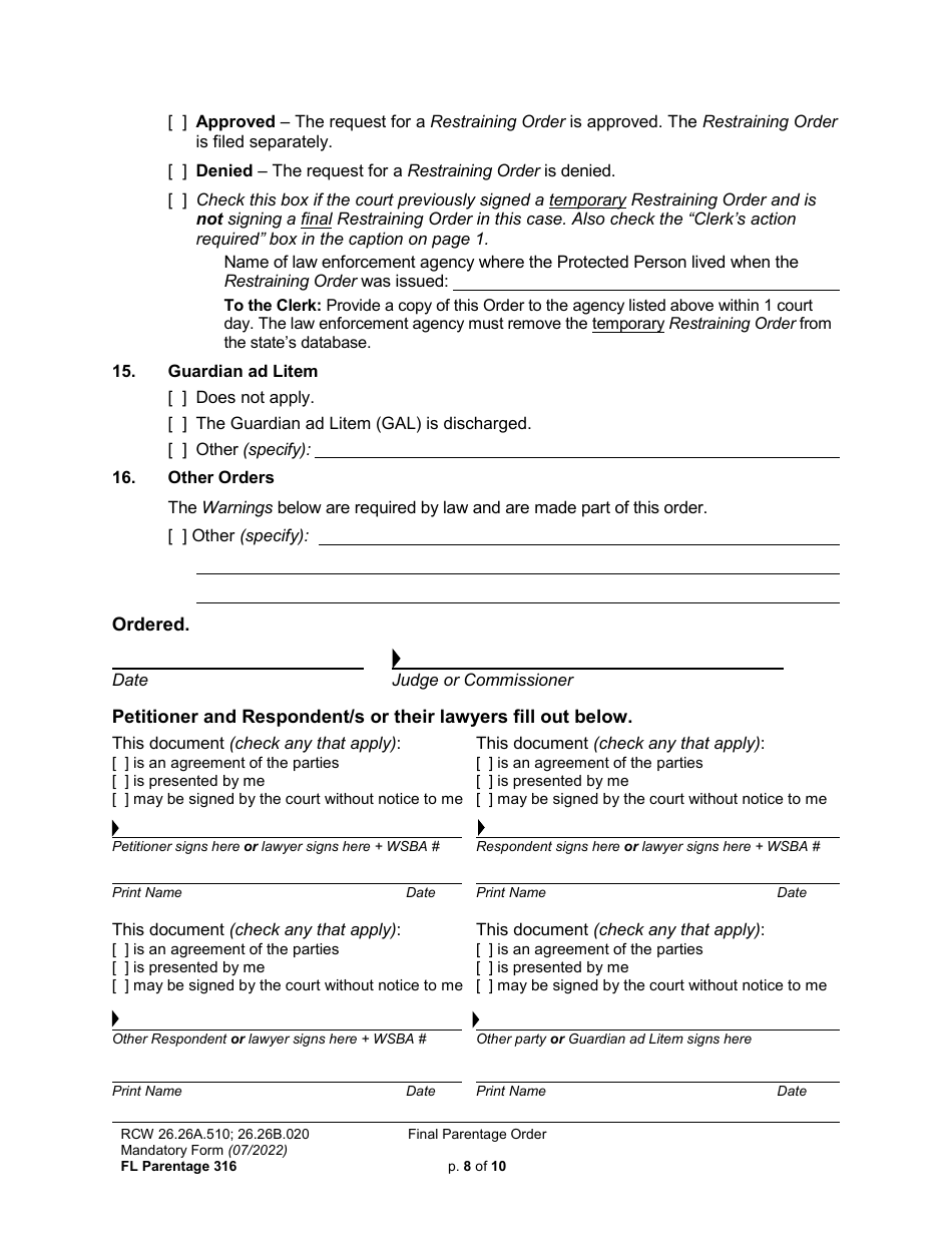 Form FL Parentage316 Final Parentage Order - Washington, Page 8