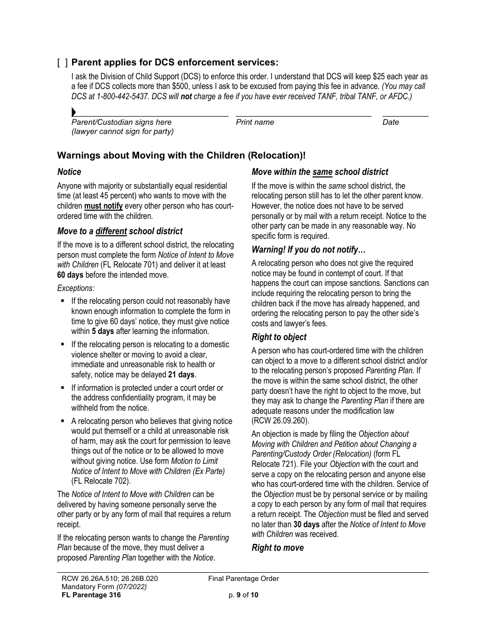 Form FL Parentage316 Final Parentage Order - Washington, Page 9