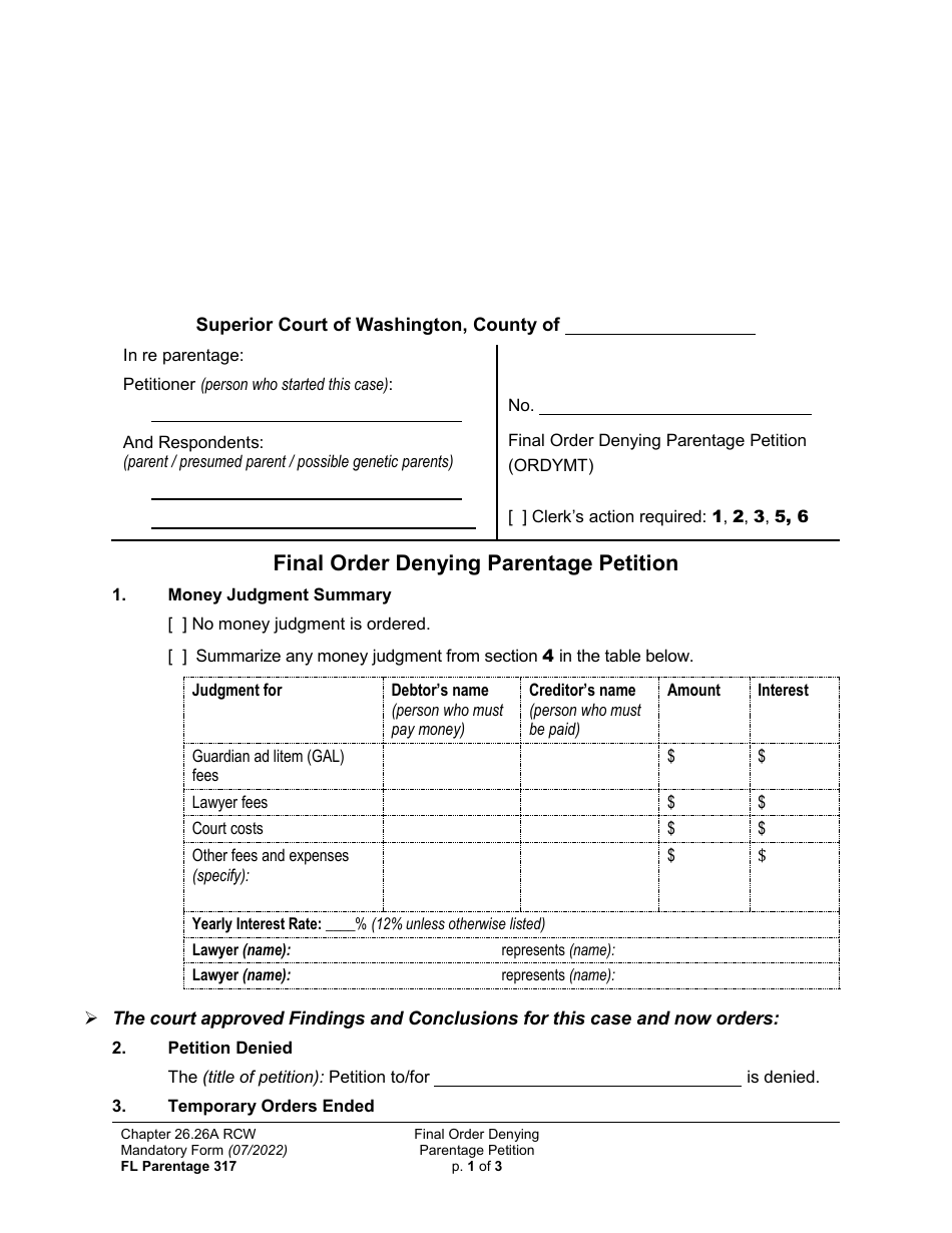 Form FL Parentage317 Final Order Denying Parentage Petition - Washington, Page 1