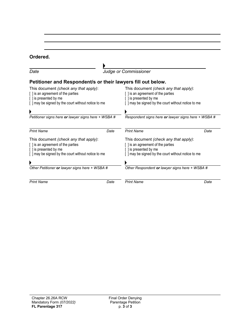 Form FL Parentage317 Final Order Denying Parentage Petition - Washington, Page 3