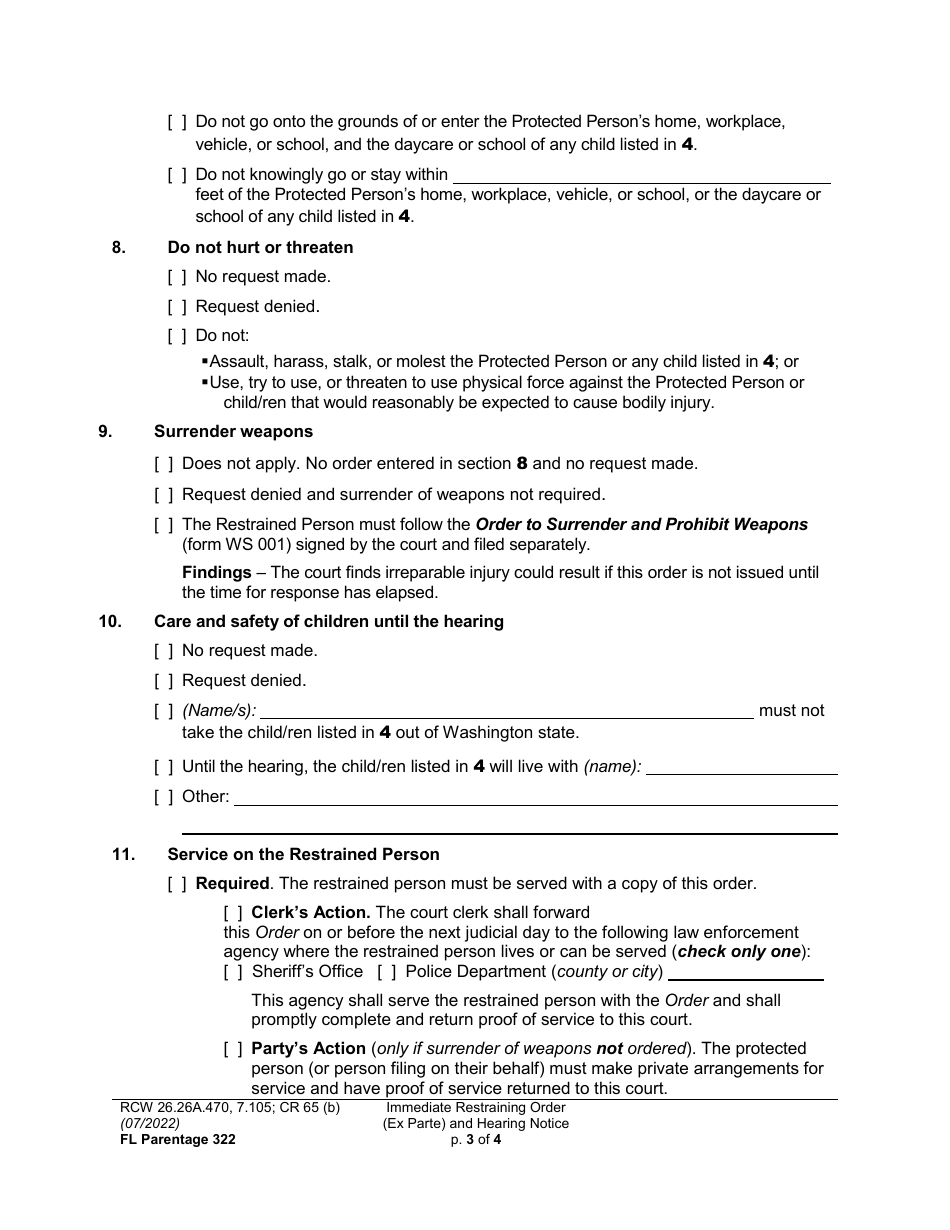 Form FL Parentage322 Immediate Restraining Order (Ex Parte) and Hearing Notice - Washington, Page 3