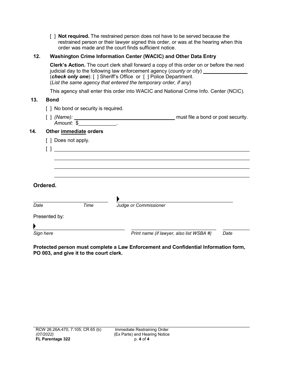 Form FL Parentage322 Immediate Restraining Order (Ex Parte) and Hearing Notice - Washington, Page 4