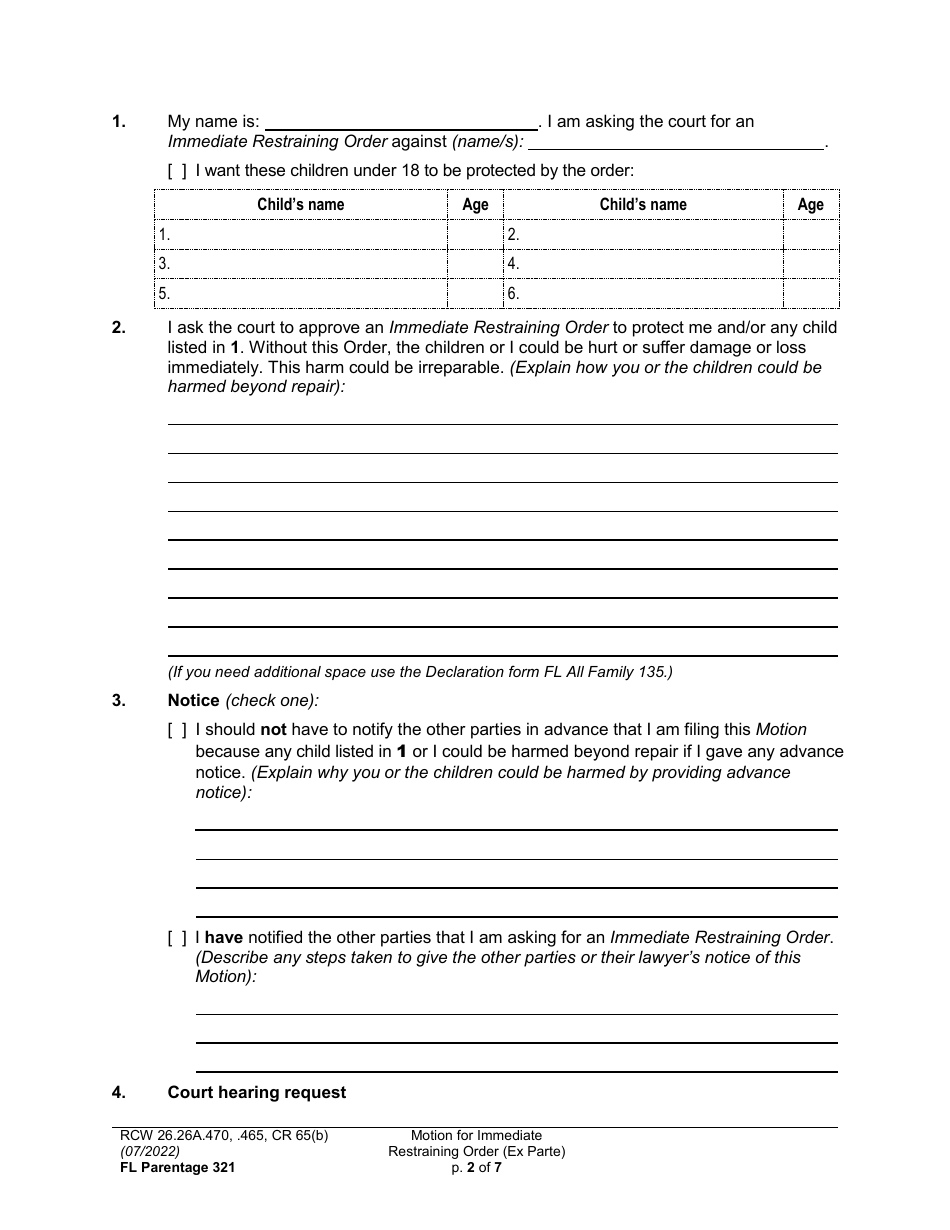 Form FL Parentage321 Motion for Immediate Restraining Order (Ex Parte) - Washington, Page 2