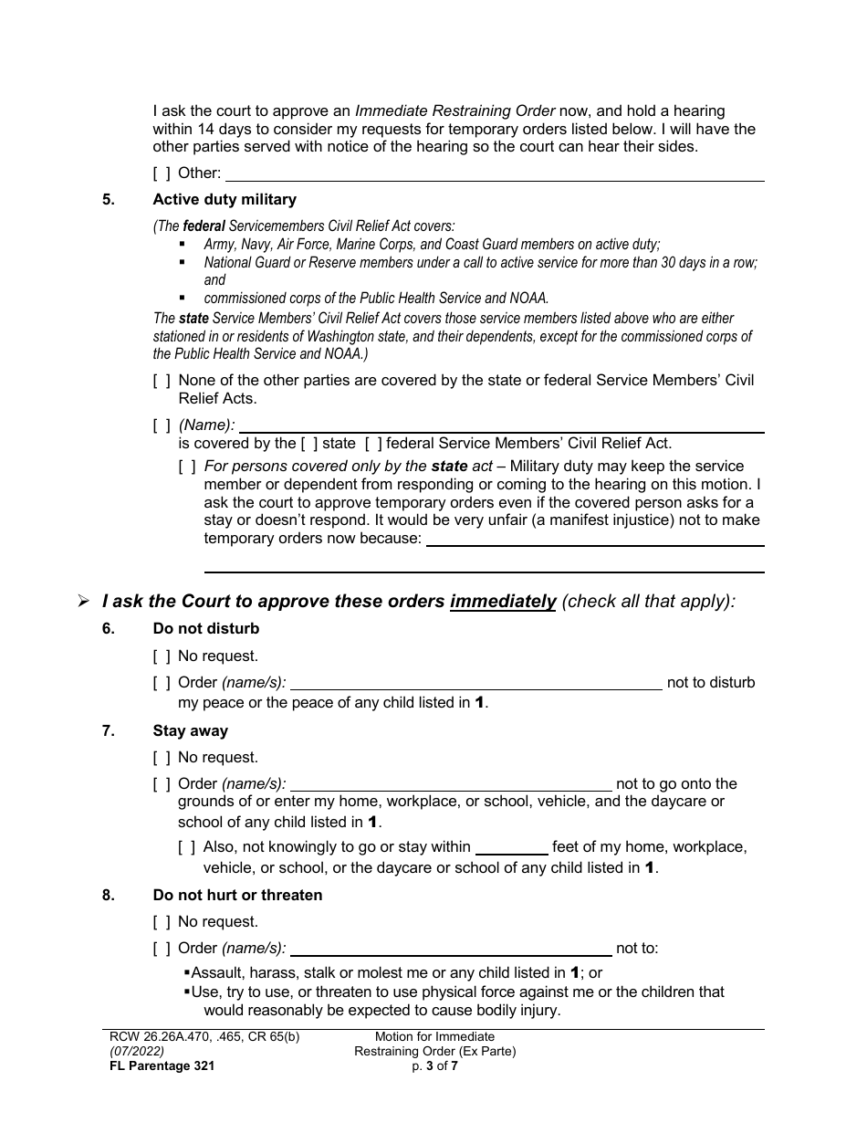 Form FL Parentage321 Motion for Immediate Restraining Order (Ex Parte) - Washington, Page 3
