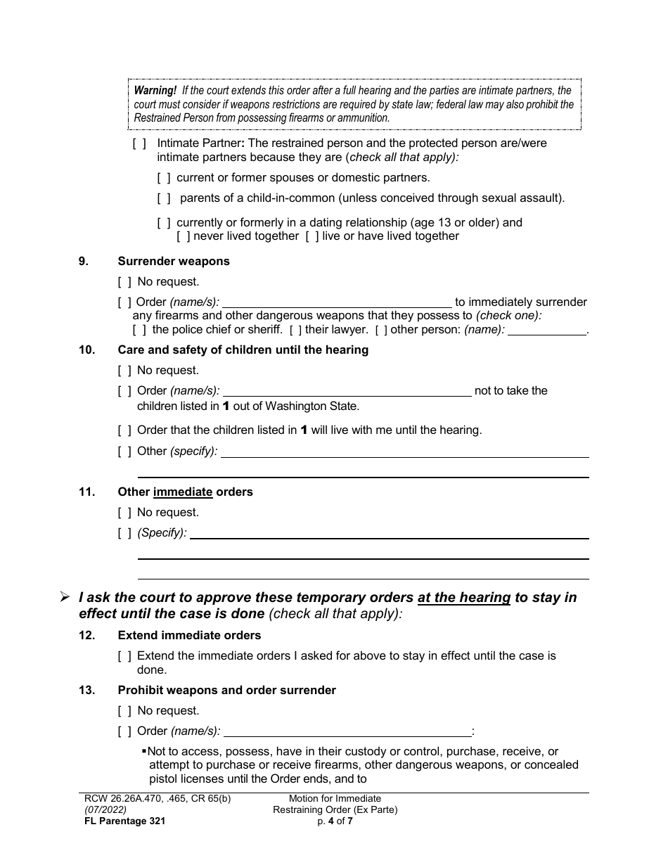 Form FL Parentage321 Motion for Immediate Restraining Order (Ex Parte) - Washington, Page 4
