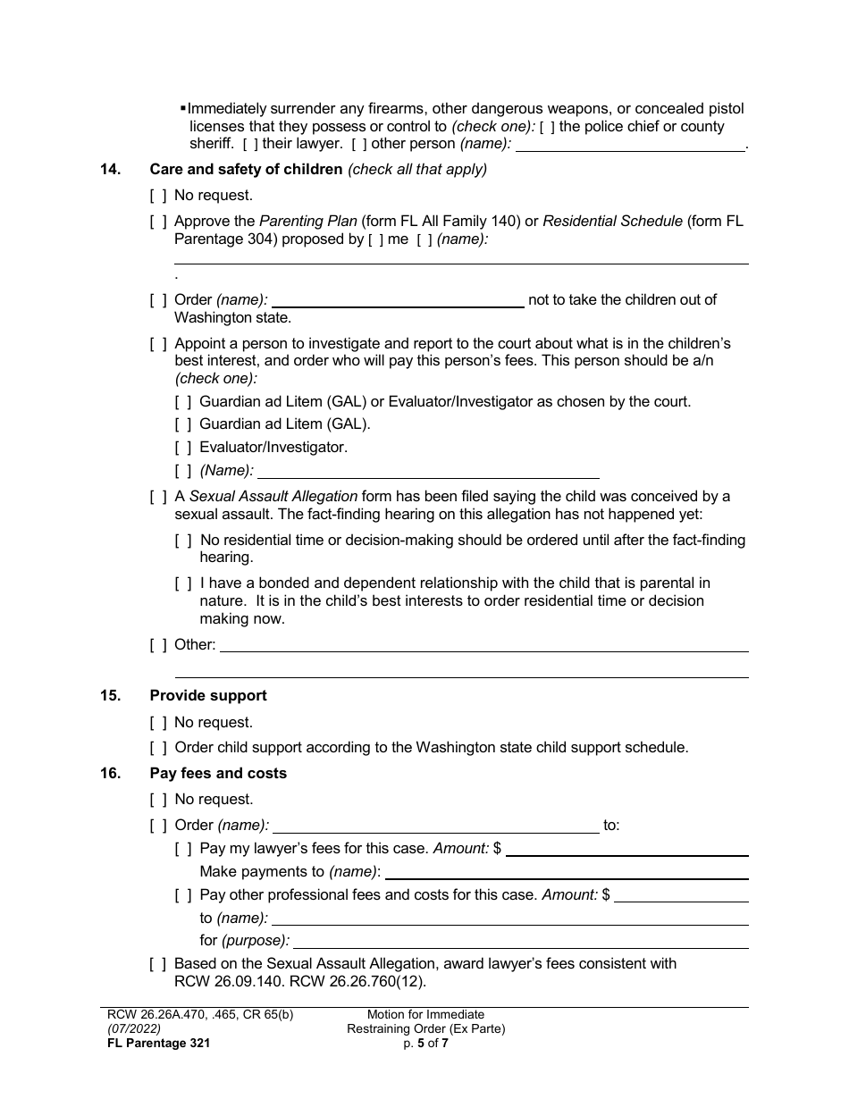 Form FL Parentage321 Motion for Immediate Restraining Order (Ex Parte) - Washington, Page 5