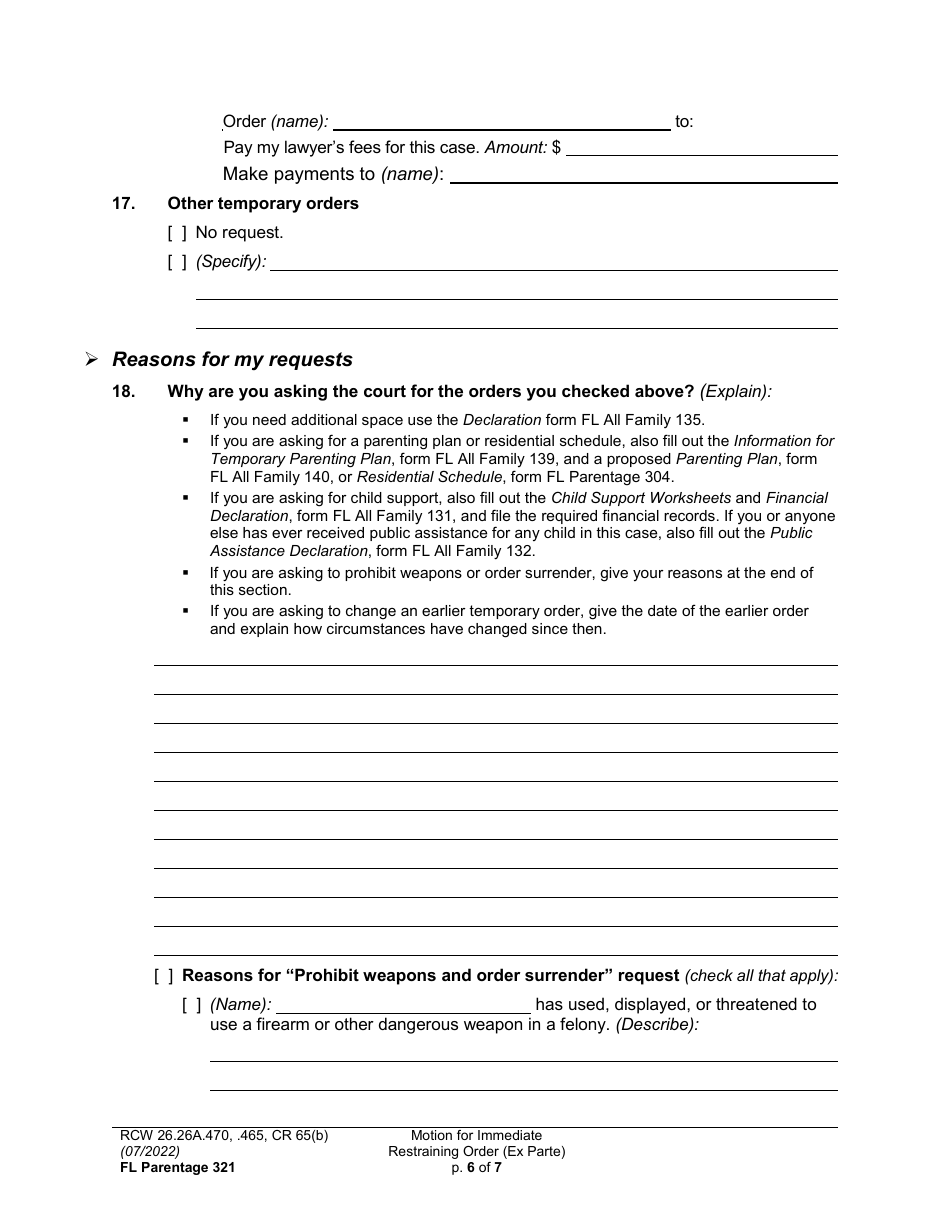 Form FL Parentage321 Motion for Immediate Restraining Order (Ex Parte) - Washington, Page 6
