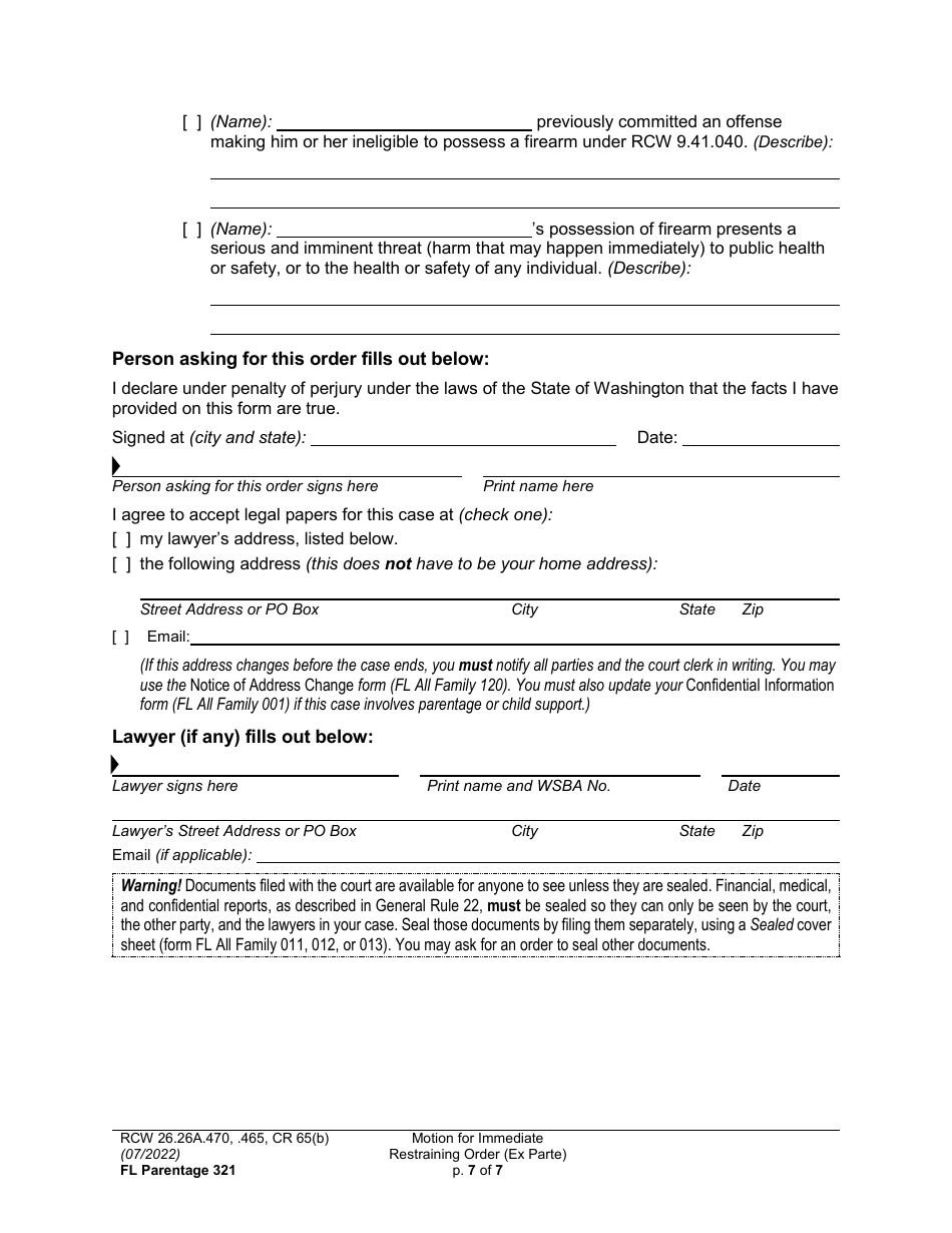 Form FL Parentage321 Motion for Immediate Restraining Order (Ex Parte) - Washington, Page 7
