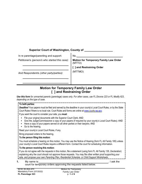 Form FL Parentage323 Motion for Temporary Family Law Order and Restraining Order - Washington