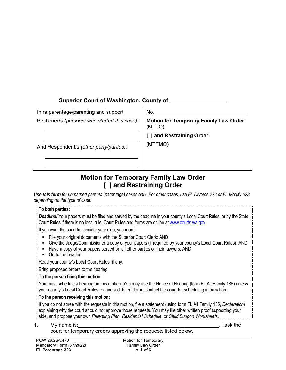 Form FL Parentage323 Motion for Temporary Family Law Order and Restraining Order - Washington, Page 1